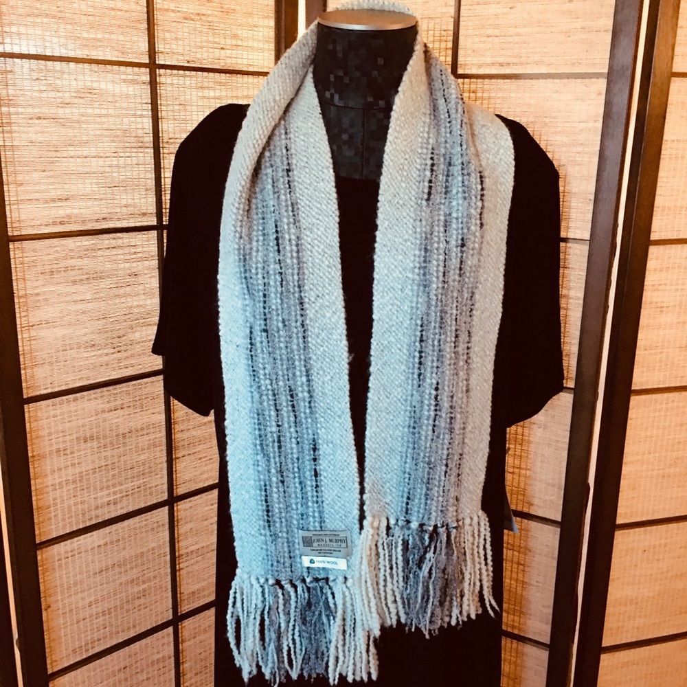 John J Murphy Weavers LTD. 100% Wool scarf hand woven greys black and off white